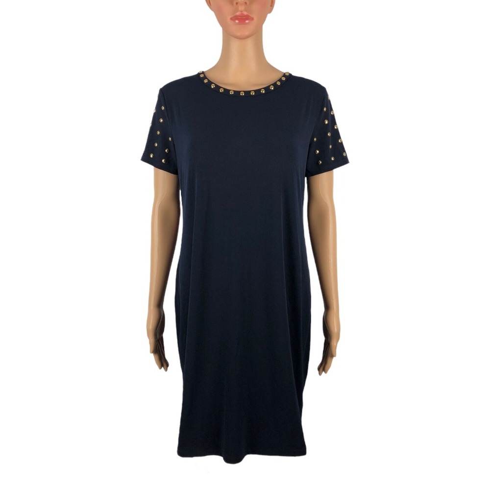 Carmen Marc Valvo Womens Medium Blue Studded Short Sleeve Sheath Stretch NWT - Picture 2 of 11